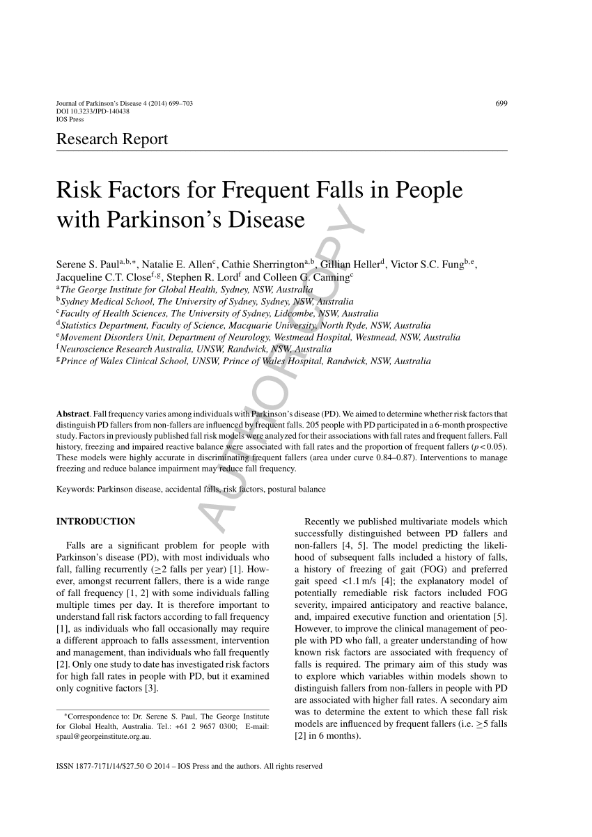 (PDF) Risk Factors for Frequent Falls In People with Parkinson